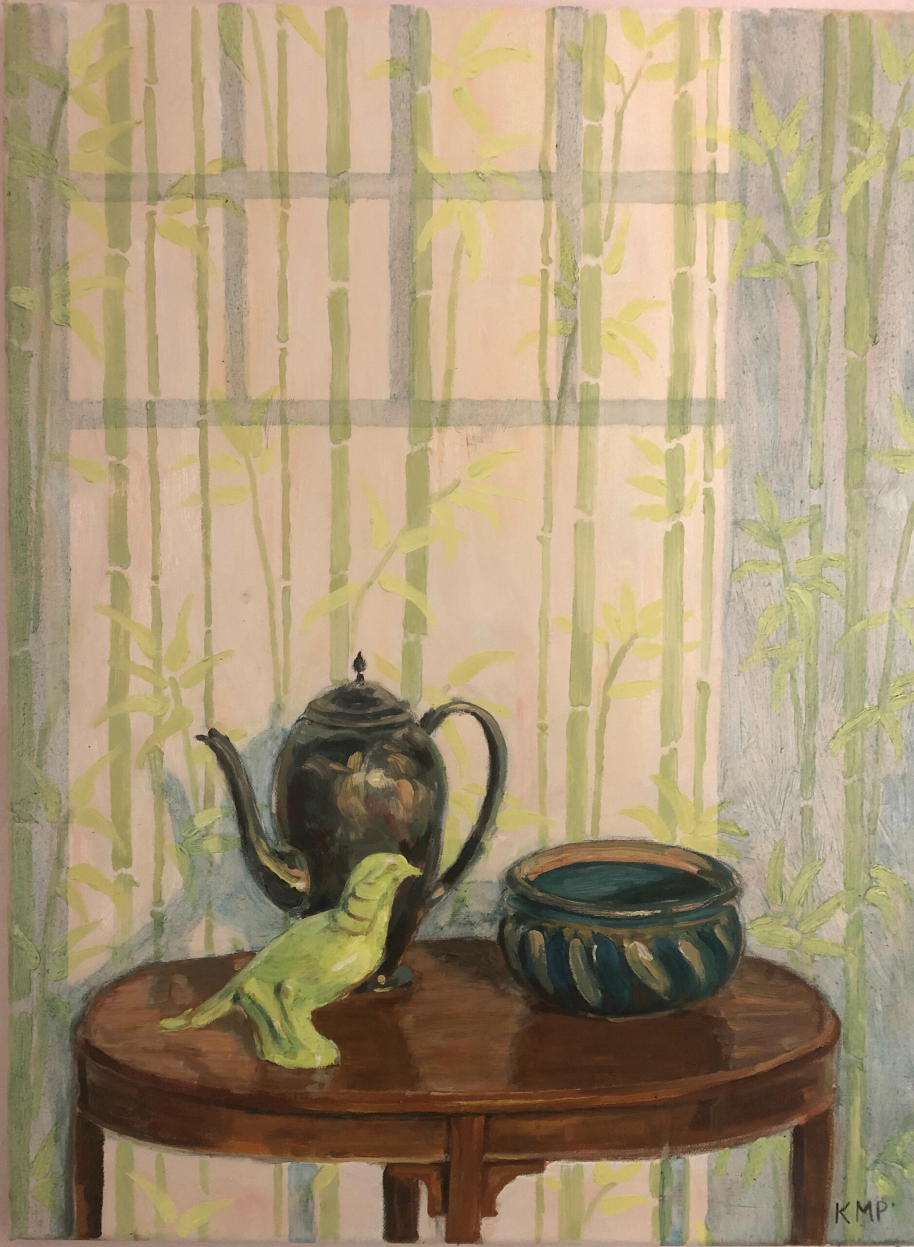 Gorgeous still life art of bowls and a ceramic bird in weird light